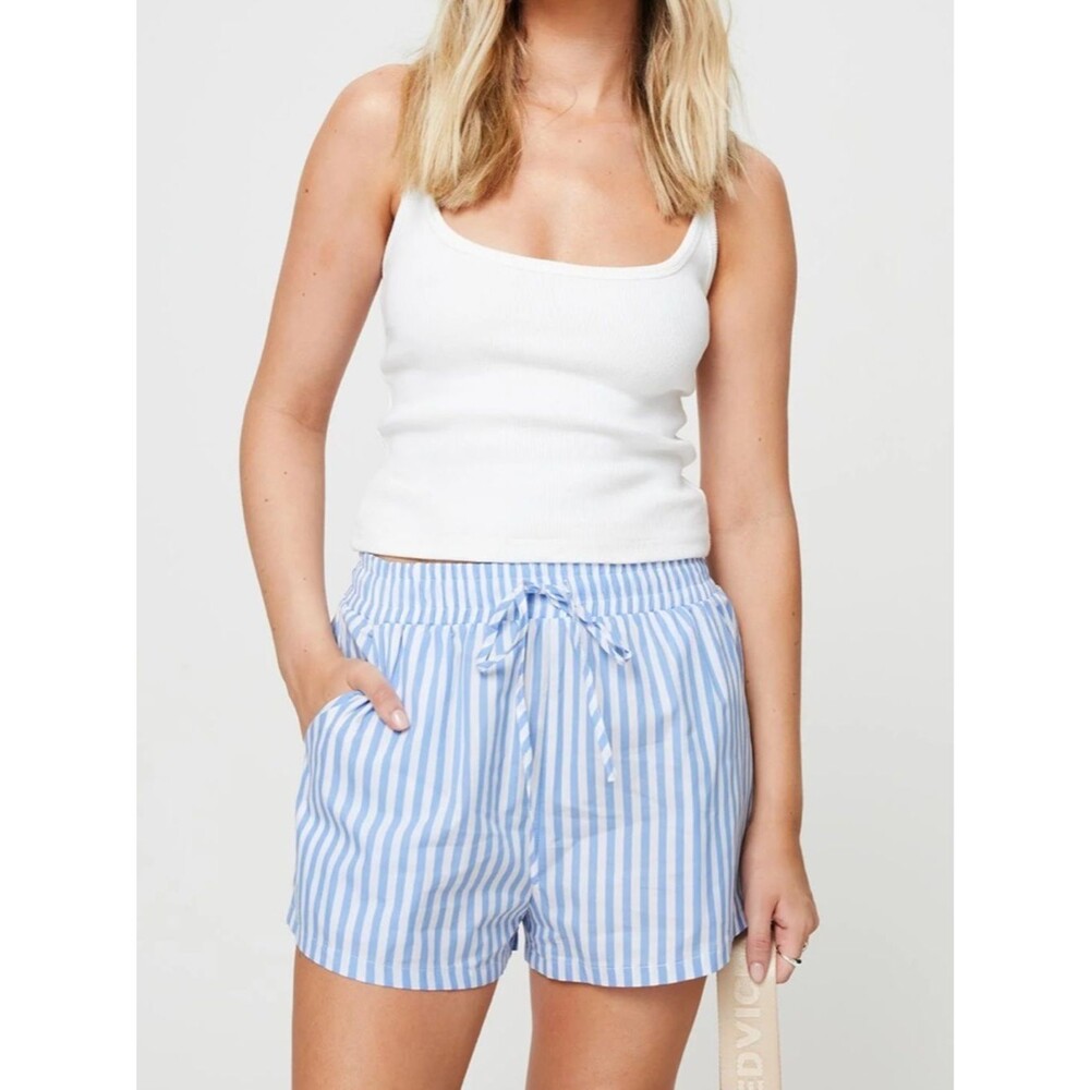 Princess Polly Charmen Shorts Striped Blue & White Drawstring 100% Cotton Size 6
